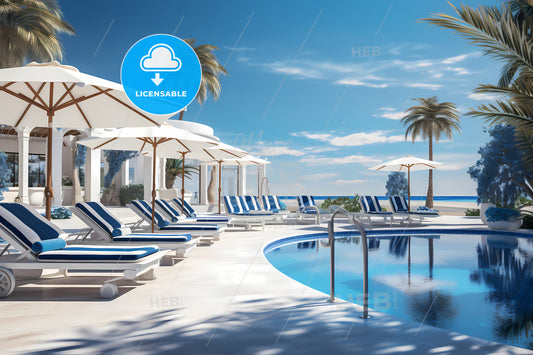 A Pool With Lounge Chairs And Umbrellas