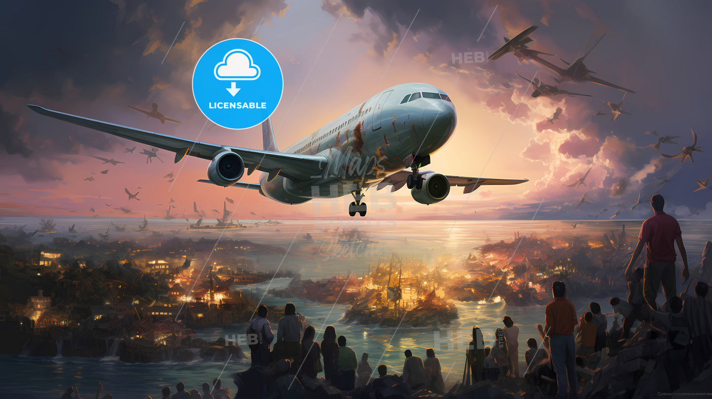 A Large Airplane Flying Over A City