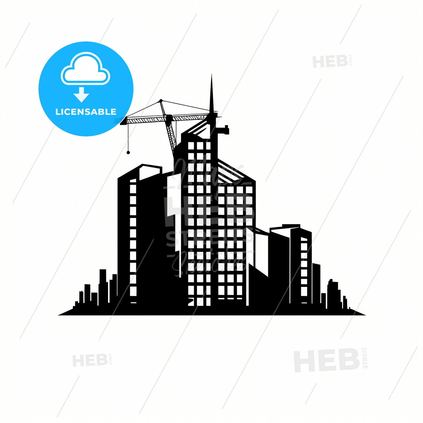 A Black And White Image Of A Building With A Crane