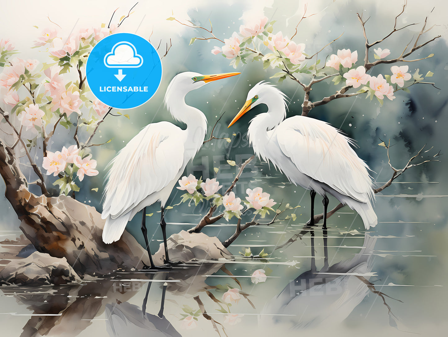 A Couple Of White Birds Standing In Water