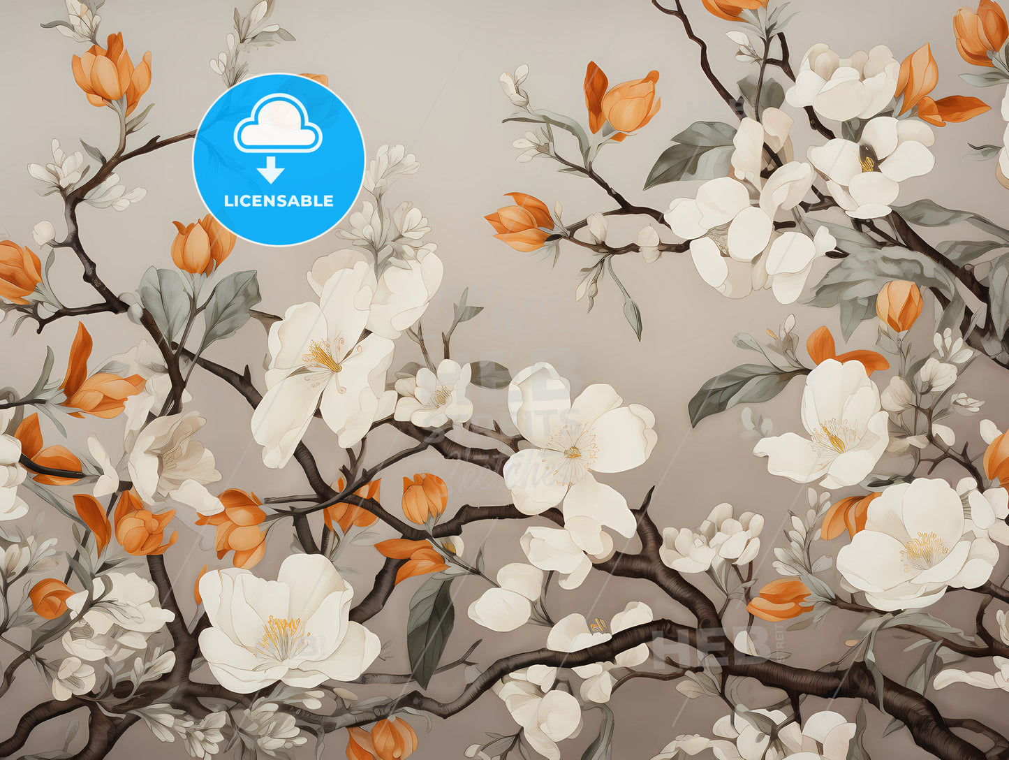 A White And Orange Flowers On A Tree Branch