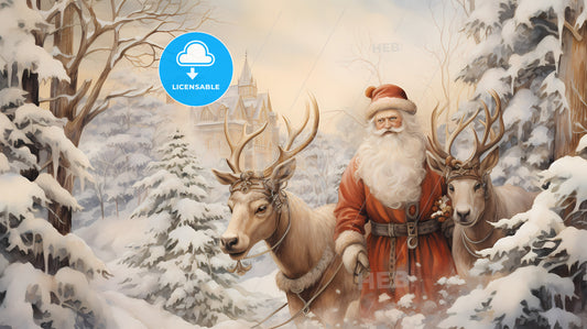 A Painting Of A Santa Claus With Reindeer In The Snow
