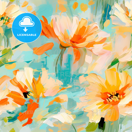A Painting Of Flowers On A Blue Background