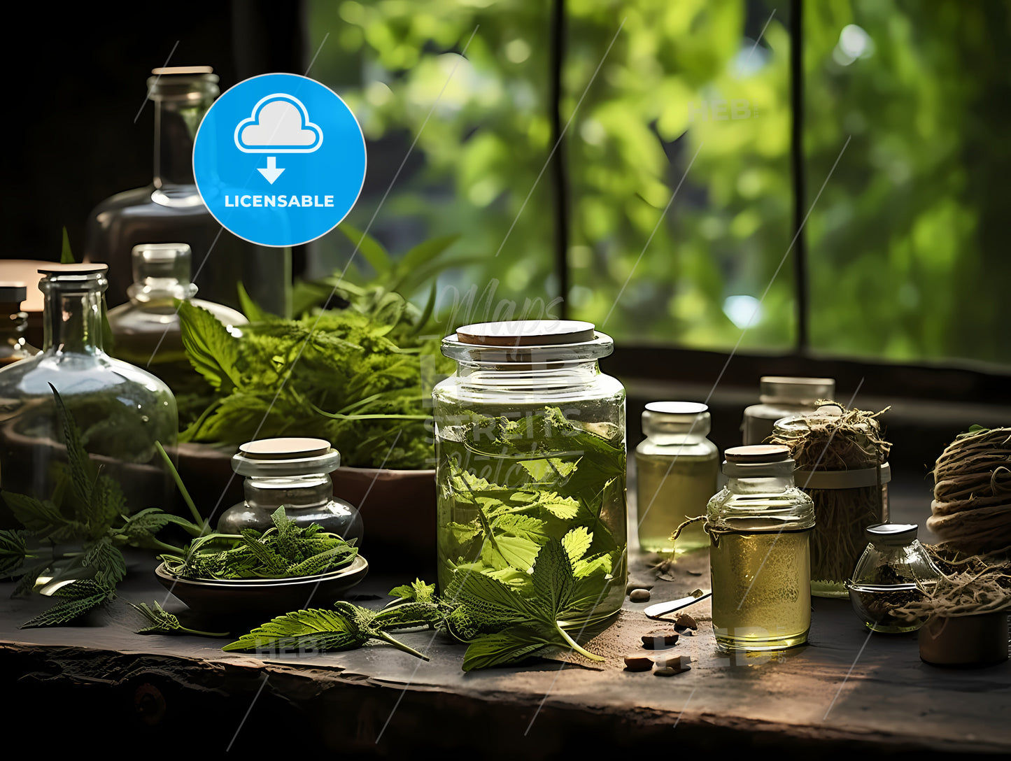 A Group Of Glass Jars With Green Leaves