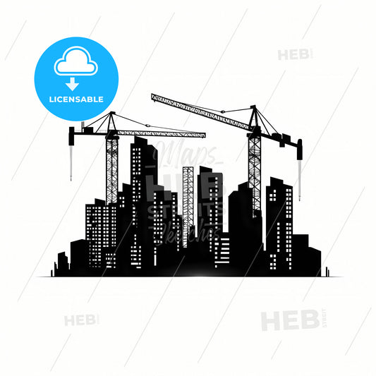 A Silhouette Of A City With Cranes