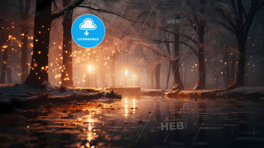 A Snow Covered Path With Lights And Trees In The Background