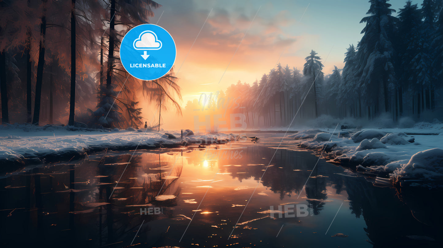 A River With Snow And Trees
