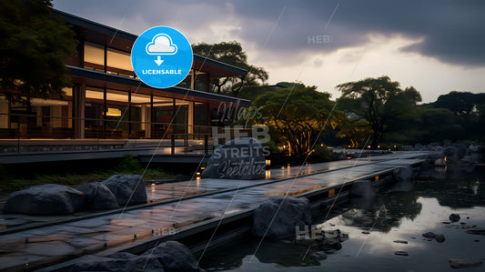 A Building With A Walkway And Rocks In Front Of It