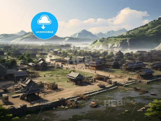 A Village With Buildings And Mountains In The Background