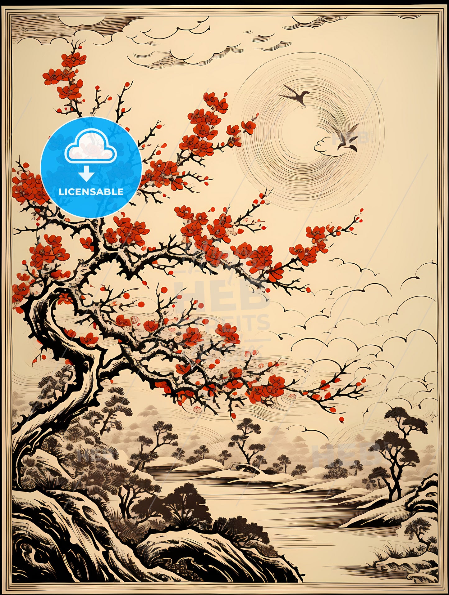 A Painting Of A Tree With Red Flowers