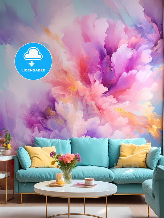 A Colorful Wall With A Couch And Coffee Table
