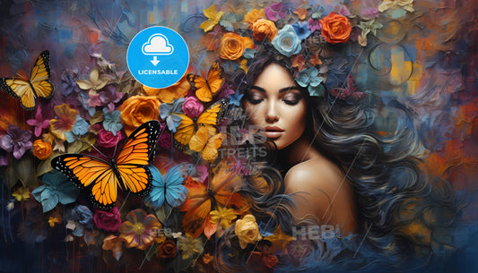 A Woman With Flowers And Butterflies