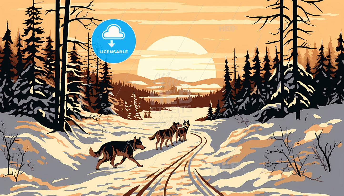 A Group Of Dogs Walking On A Snowy Road