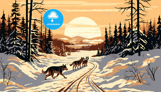 A Group Of Dogs Walking On A Snowy Road