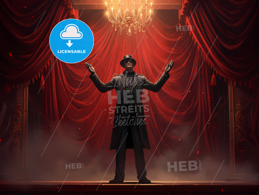 A Man In A Black Coat Standing On A Stage With A Chandelier And A Chandelier