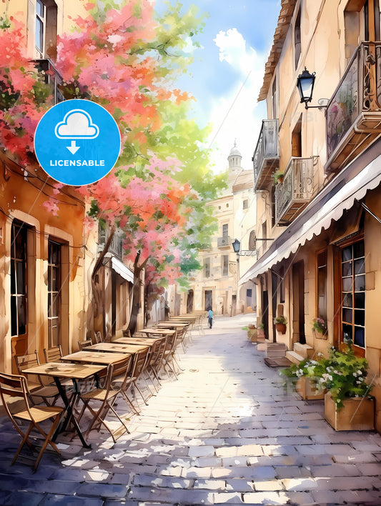 A Street With Tables And Chairs And Trees