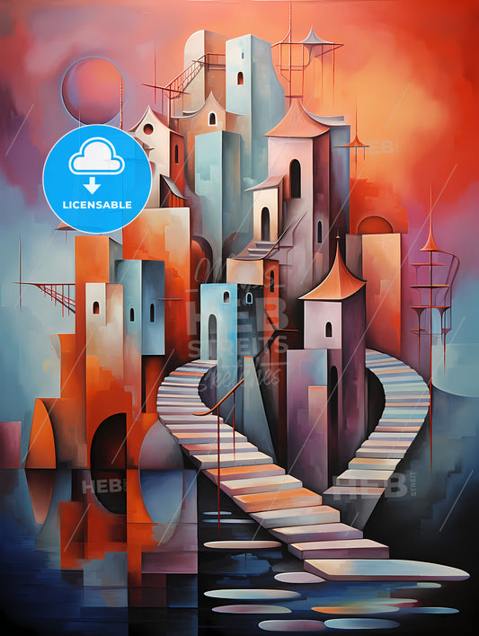 A Painting Of A City With A Staircase Leading To The Water