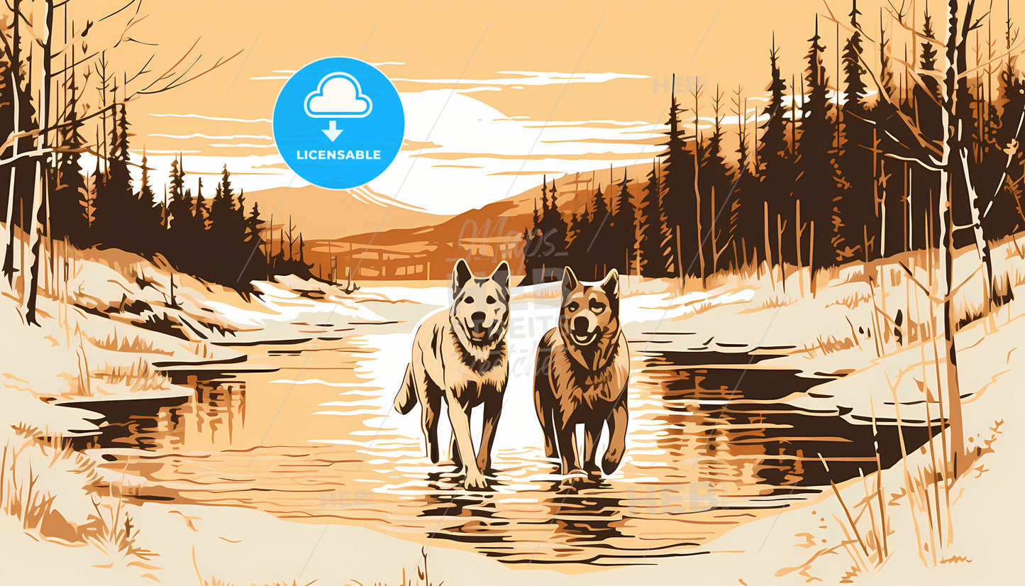 Two Dogs Walking In A River