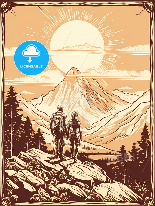 A Man And Woman Standing On A Rock Looking At A Mountain Range