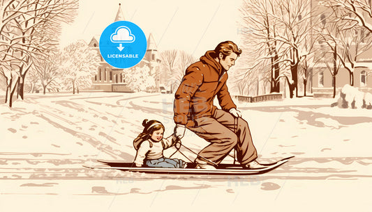 A Man And Child On A Sled
