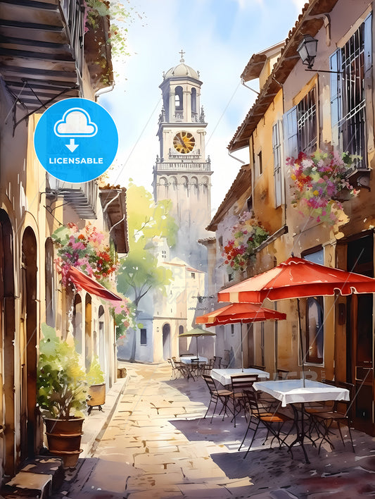 A Street With Tables And Umbrellas And A Clock Tower