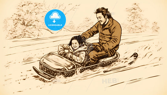 A Man And Girl Riding A Sled