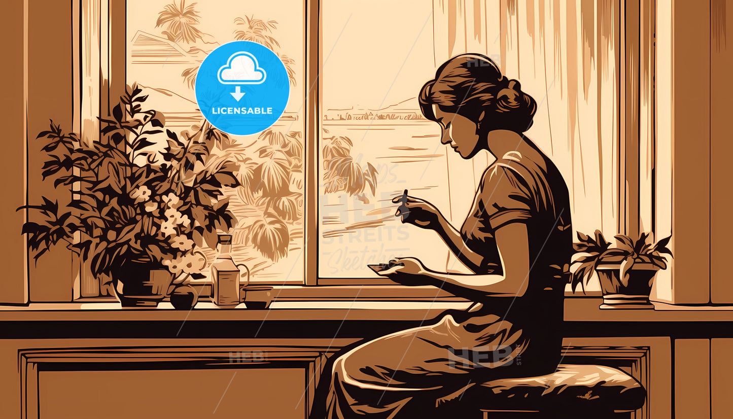 A Woman Sitting On A Window Sill