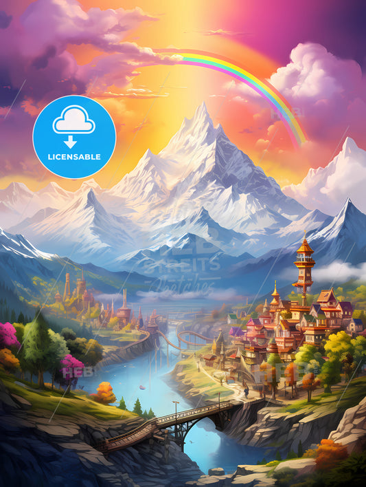 A Rainbow Over A Mountain With A City And A River