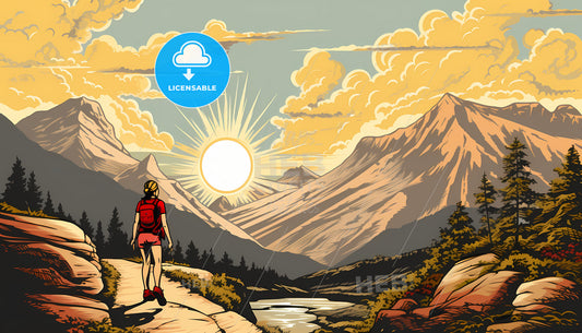 A Woman Standing On A Rock With A River And Mountains In The Background