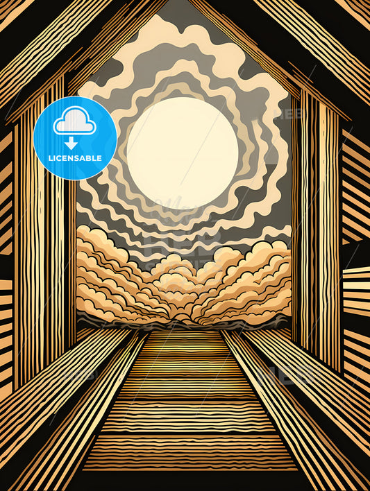 A Painting Of A Wooden Walkway Leading To A Cloudy Sky