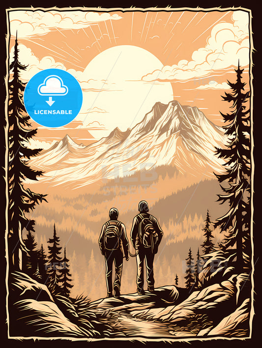 Two People Standing On A Mountain