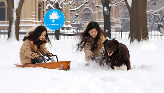 Two Girls Playing With A Dog In The Snow