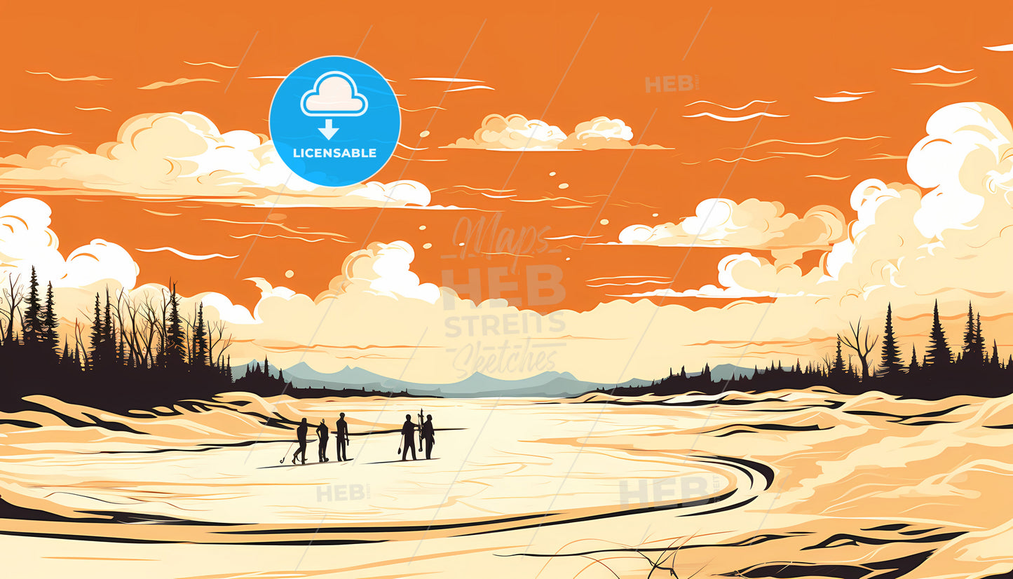 A Group Of People Standing On A Snowy Beach