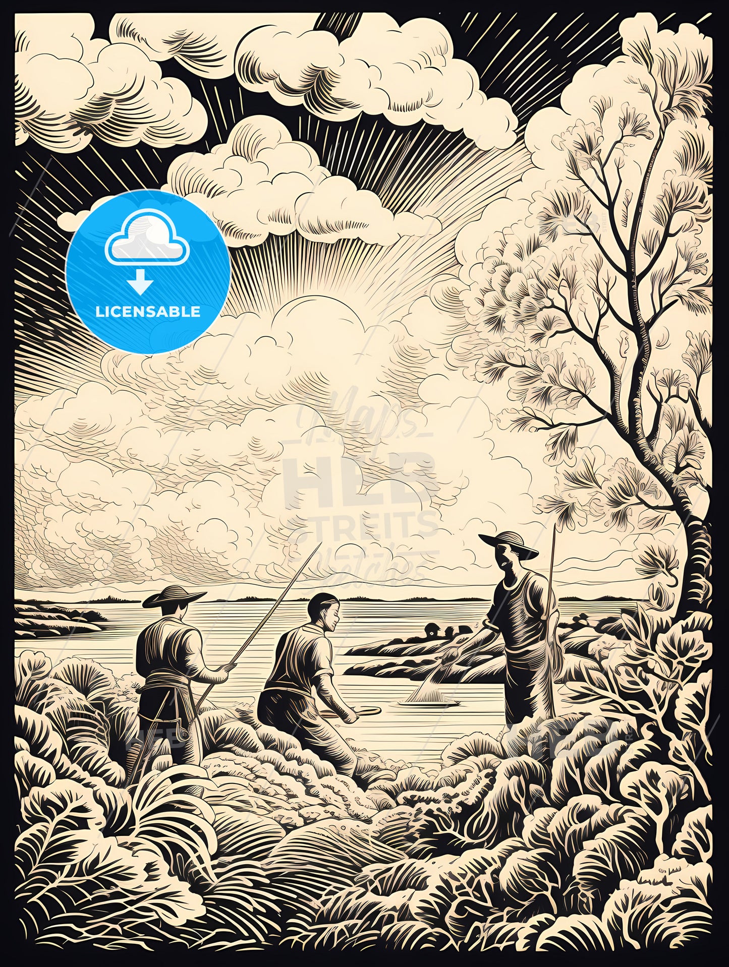 A Group Of Men Fishing In A Field