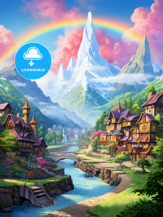 A Rainbow Over A Mountain Town