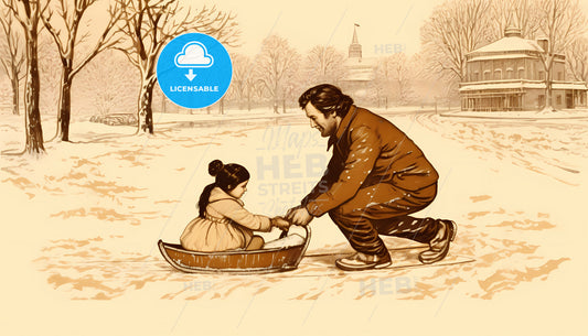 A Man And Child In A Sled