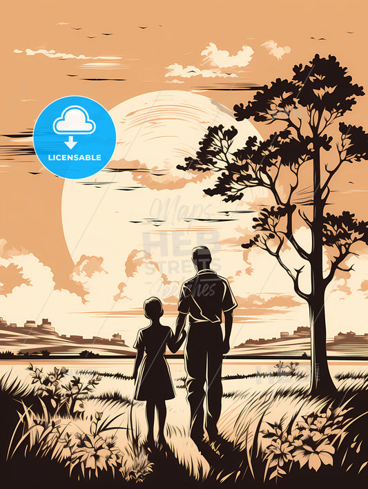 A Man And Child Holding Hands Looking At A Tree