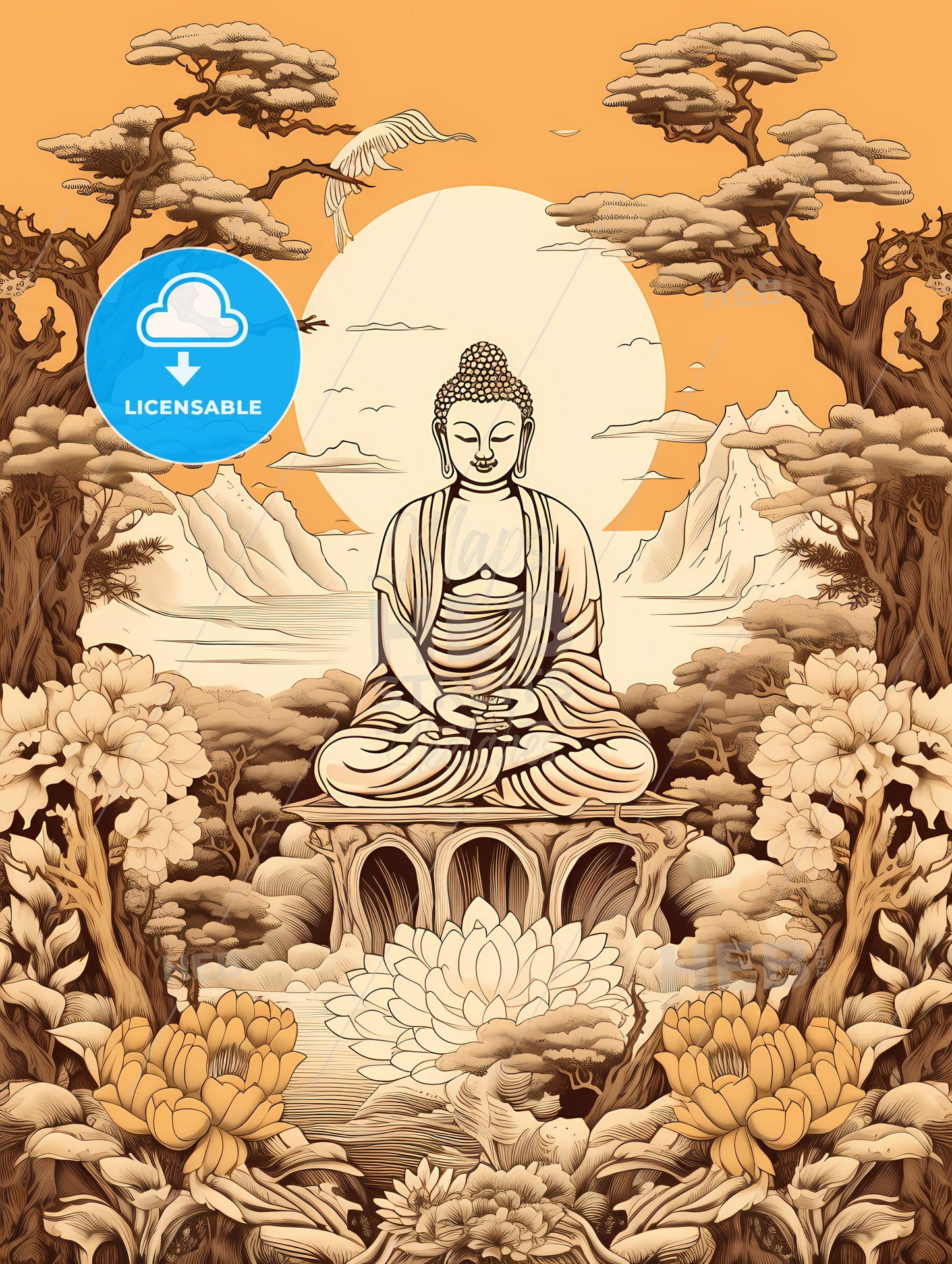 A Painting Of A Buddha Sitting In A Lotus Position Surrounded By Trees And Mountains