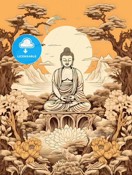 A Painting Of A Buddha Sitting In A Lotus Position Surrounded By Trees And Mountains