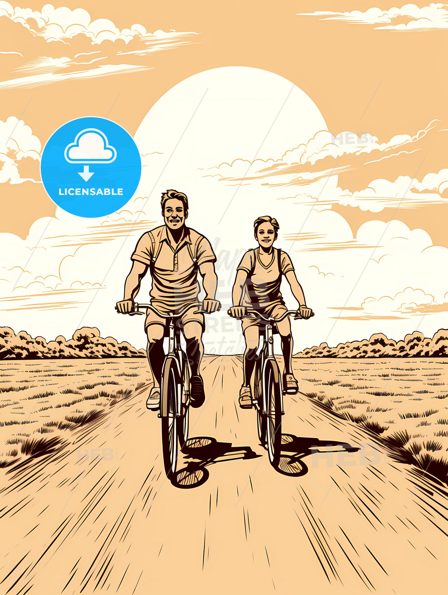 A Man And Woman Riding Bicycles On A Dirt Road