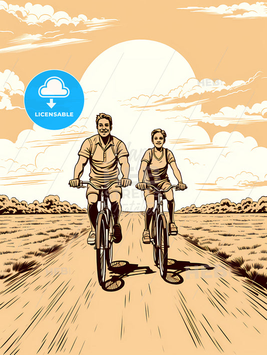 A Man And Woman Riding Bicycles On A Dirt Road