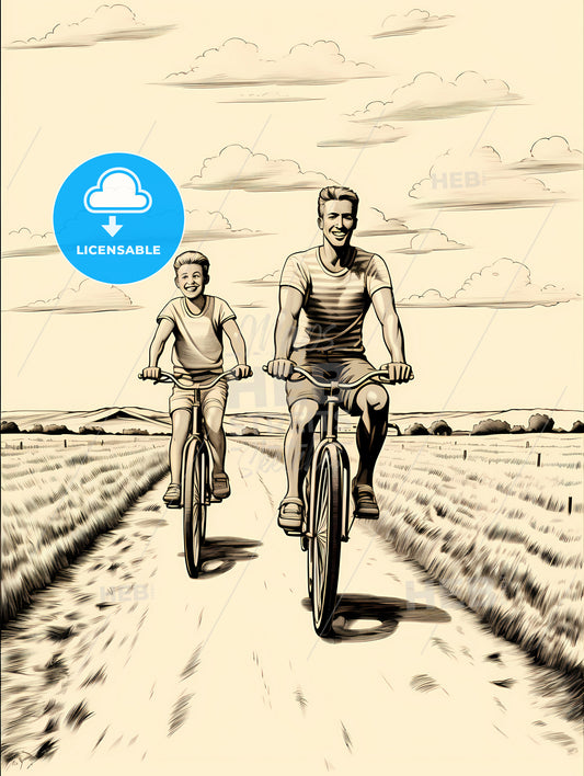 A Man And Boy Riding Bicycles On A Dirt Road