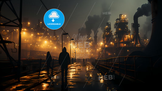 People Walking On A Wet Street With Smokestacks And Buildings