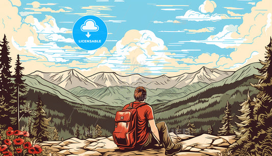 A Man Sitting On A Rock Looking At Mountains