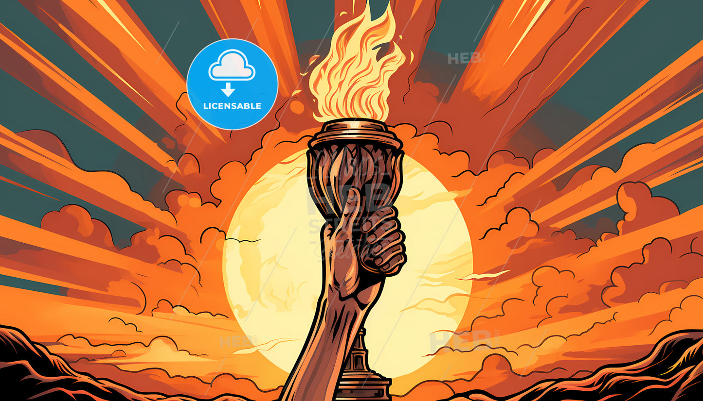 A Hand Holding A Torch With A Sunset Behind It