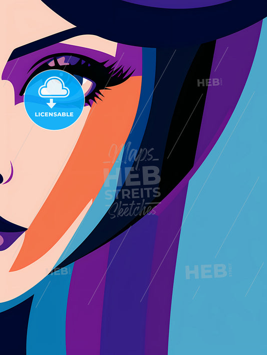 A Woman's Face With Blue Eyes And Purple Hair