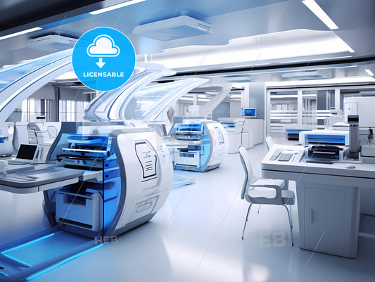 A Room With White And Blue Machines