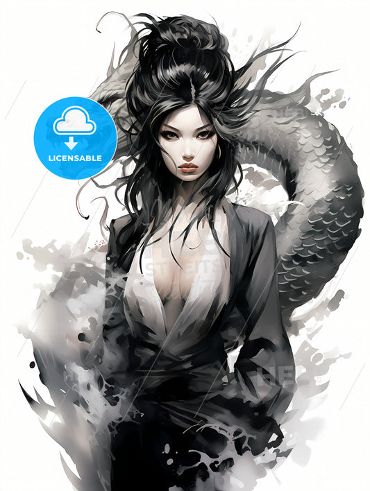 A Woman With Long Hair And A Dragon