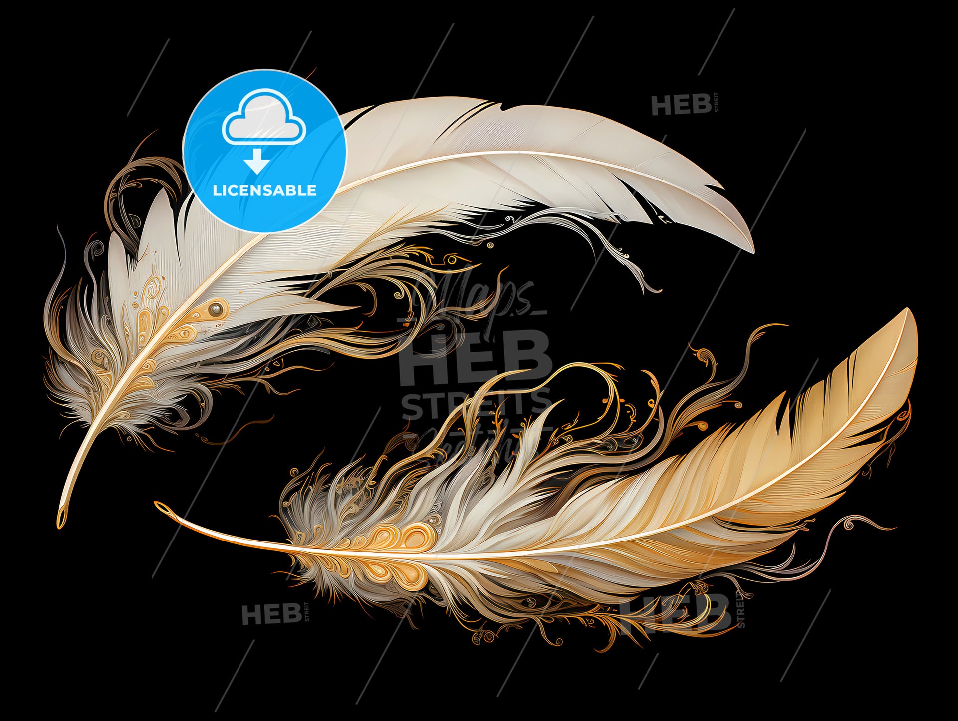 A Pair Of White And Gold Feathers - HEBSTREITS Stock Image