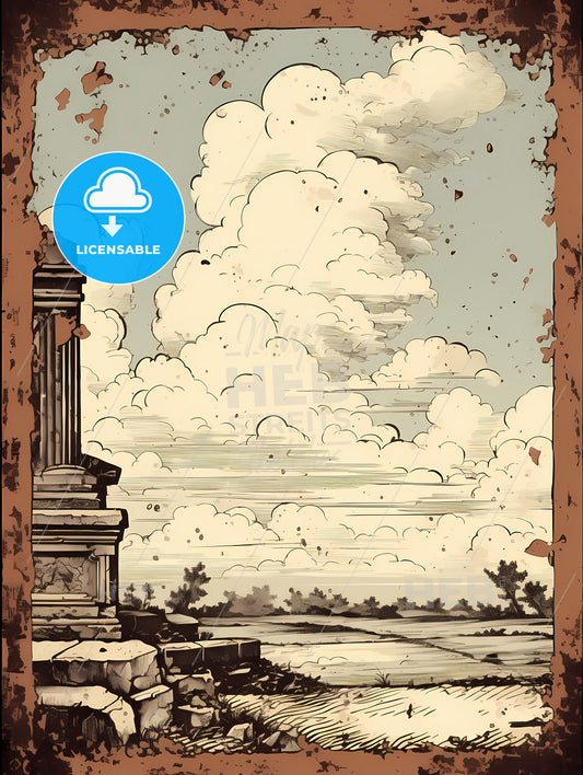 A Painting Of A Landscape With Clouds